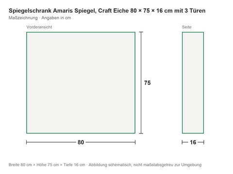 Spiegelschrank Amaris Spiegel, Craft Eiche 80 × 75 × 16 cm mit 3 Türen – Maßzeichnung