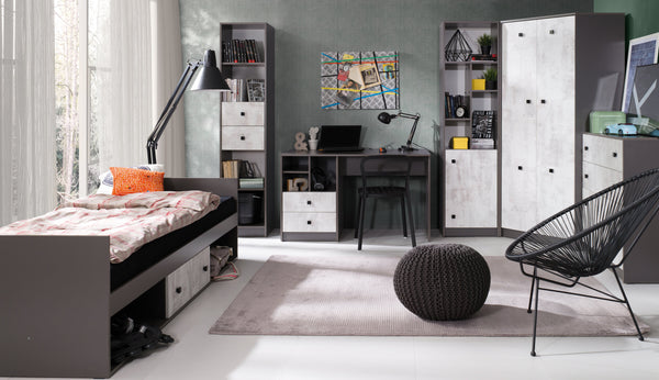 Tommy Jugendzimmer-Set 5-teilig mit Eckkleiderschrank und Einzelbett 90 × 200 cm mit Schublade – Graphit / Enigma