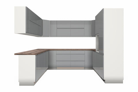 U-Küche Velmora Grau Hochglanz & Weiß – 300 × 260 × 240 cm – KÜ-VELM-021 – freigestellt auf Weiß