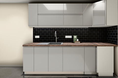U-Küche Velmora Grau Hochglanz & Weiß – 300 × 260 × 240 cm – KÜ-VELM-021 – Wand B frontal