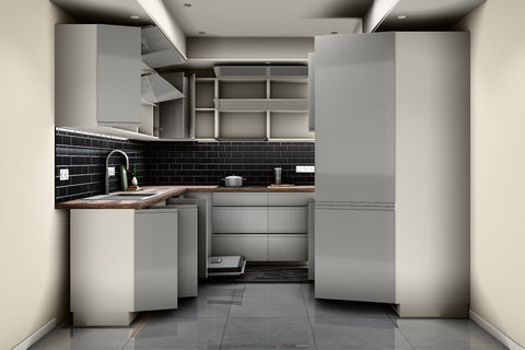 U-Küche Velmora Grau Hochglanz & Weiß – 300 × 260 × 240 cm – KÜ-VELM-021 – Türen, Klappen und Auszüge geöffnet