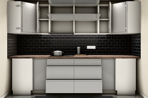 U-Küche Velmora Grau Hochglanz & Weiß – 300 × 260 × 240 cm – KÜ-VELM-021 – Wand A geöffnet, frontal