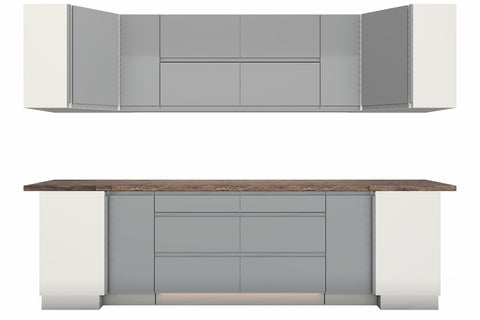 U-Küche Velmora Grau Hochglanz & Weiß – 300 × 260 × 240 cm – KÜ-VELM-021 – Wand A freigestellt auf Weiß
