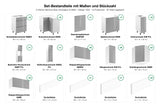 Set-Bestandteile mit Maßen und Stückzahl – U-Küche Velmora Grau Hochglanz & Weiß – 300 × 260 × 240 cm – KÜ-VELM-021