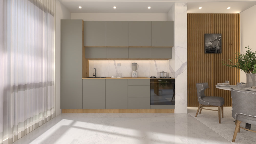 Nexa Küchenzeile KÜ06-L – Beige – 300 cm – Moderne Familienküche mit Hochschrank und großzügigem Stauraum