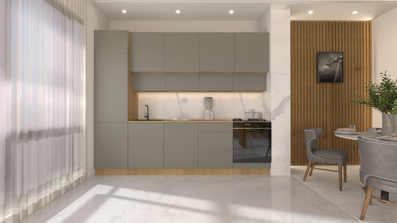 Nexa Küchenzeile KÜ06-L – Beige – 300 cm – Moderne Familienküche mit Hochschrank und großzügigem Stauraum