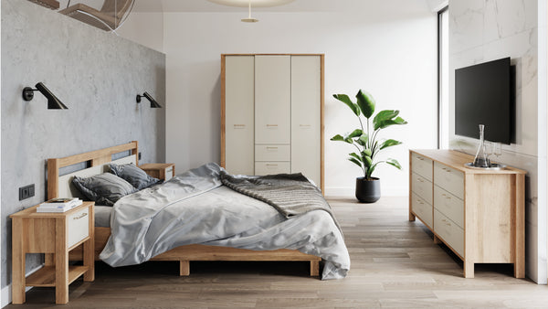 Velario Schlafzimmer-Set 5-teilig mit Bett 160 × 200 cm – Modernes Schlafzimmer in Wotan Eiche / Beige