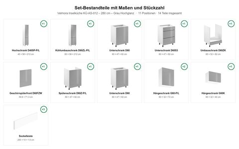 Velmora Inselküche KÜ-AS-012 – 280 cm – Grau Hochglanz – Maßbild (Set-Bestandteile mit Maßen und Stückzahl)