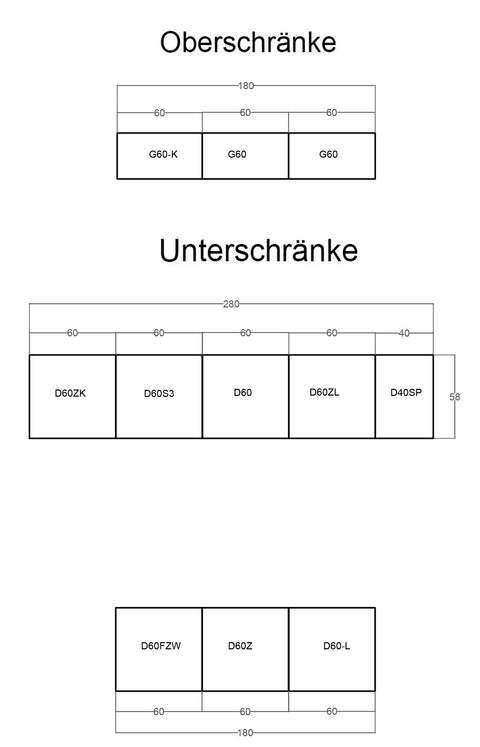 Küchenplan – Maßbild mit Bemaßung der Küchenzeile