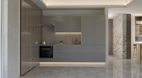Velmora Inselküche KÜ-AS-012 – 280 cm – Grau Hochglanz – Ansicht 4