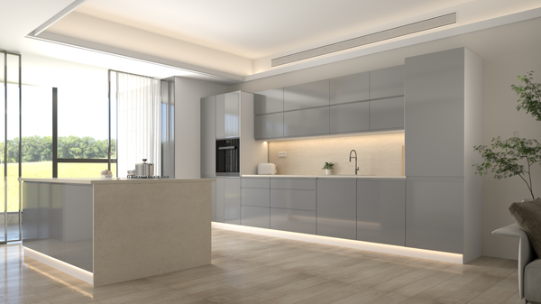Inselküche Velmora Grau Hochglanz – 420 cm + Insel 180 cm – KÜ-AS-018