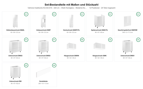 Velmora Inselküche KÜ-AS-018 – 420 cm – Weiß Hochglanz – Moderne Küche mit Kücheninsel – Maßbild (Set-Bestandteile mit Maßen und Stückzahl)