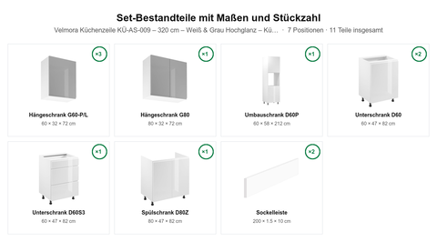 Velmora Küchenzeile KÜ-AS-009 – 320 cm – Weiß & Grau Hochglanz – Küchenblock für moderne Wohnräume – Maßbild (Set-Bestandteile mit Maßen und Stückzahl)