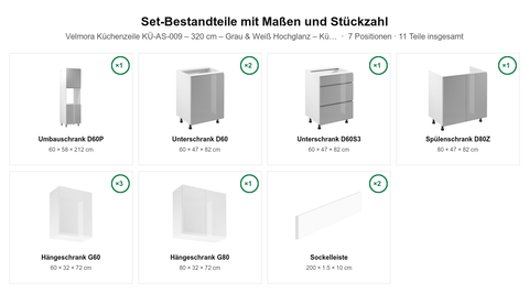 Velmora Küchenzeile KÜ-AS-009 – 320 cm – Grau & Weiß Hochglanz – Küchenblock für moderne Wohnräume – Maßbild (Set-Bestandteile mit Maßen und Stückzahl)