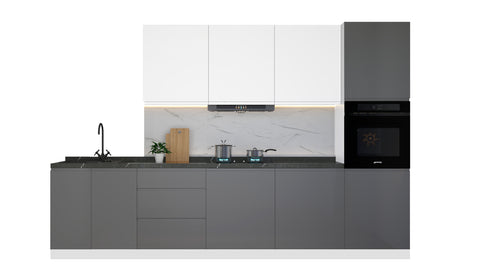 Velmora Küchenzeile KÜ-AS-009 – 320 cm – Grau & Weiß Hochglanz – Küchenblock für moderne Wohnräume – Ansicht 2