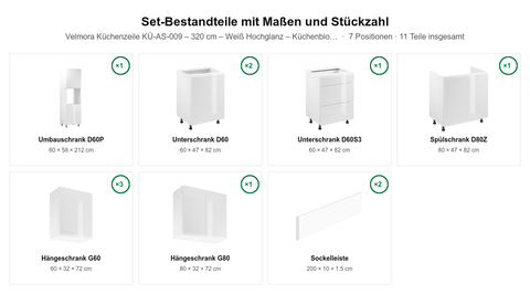 Velmora Küchenzeile KÜ-AS-009 – 320 cm – Weiß Hochglanz – Küchenblock für moderne Wohnräume – Maßbild (Set-Bestandteile mit Maßen und Stückzahl)