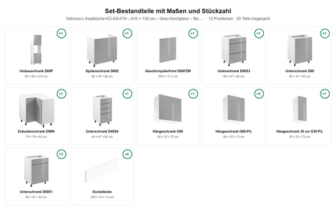 Velmora L-Inselküche KÜ-AS-019 – 410 × 130 cm – Grau Hochglanz – Moderne Küche mit Kücheninsel – Maßbild (Set-Bestandteile mit Maßen und Stückzahl)