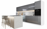 Velmora L-Inselküche KÜ-AS-019 – 410 × 130 cm – Grau Hochglanz – Moderne Küche mit Kücheninsel – Ansicht 2