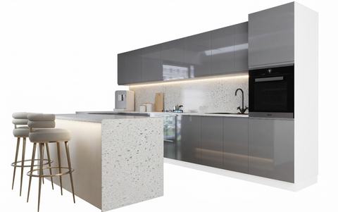 Velmora L-Inselküche KÜ-AS-019 – 410 × 130 cm – Grau Hochglanz – Moderne Küche mit Kücheninsel – Ansicht 2