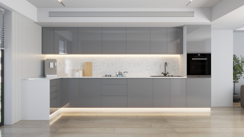 Velmora L-Inselküche KÜ-AS-019 – 410 × 130 cm – Grau Hochglanz – Moderne Küche mit Kücheninsel – Ansicht 5