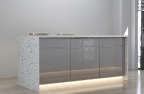 Velmora L-Inselküche KÜ-AS-019 – 410 × 130 cm – Grau Hochglanz – Moderne Küche mit Kücheninsel – Ansicht 6