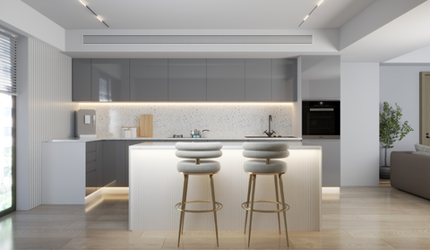 Velmora L-Inselküche KÜ-AS-019 – 410 × 130 cm – Grau Hochglanz – Moderne Küche mit Kücheninsel – Ansicht 8