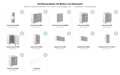 Velmora L-Inselküche KÜ-AS-020 – 410 × 130 cm – Grau Hochglanz – Großzügige Küche mit Kochinsel – Maßbild (Set-Bestandteile mit Maßen und Stückzahl)