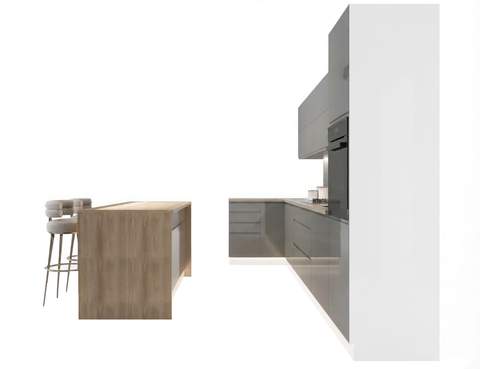 Velmora L-Inselküche KÜ-AS-020 – 410 × 130 cm – Grau Hochglanz – Großzügige Küche mit Kochinsel – Ansicht 2
