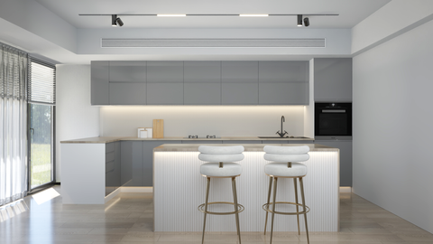 Velmora L-Inselküche KÜ-AS-020 – 410 × 130 cm – Grau Hochglanz – Großzügige Küche mit Kochinsel – Ansicht 7