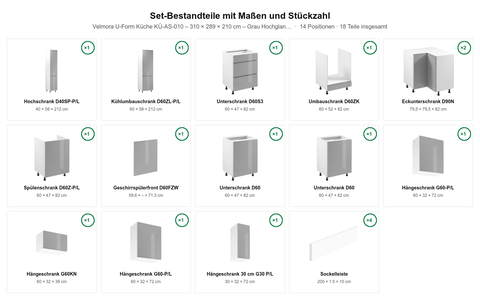 Velmora U-Form Küche KÜ-AS-010 – 310 × 289 × 210 cm – Grau Hochglanz – MDF-Fronten – Maßbild (Set-Bestandteile mit Maßen und Stückzahl)