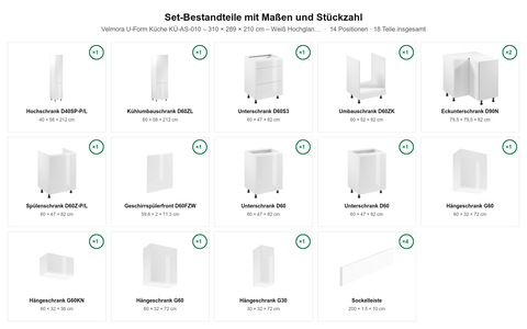 Velmora U-Form Küche KÜ-AS-010 – 310 × 289 × 210 cm – Weiß Hochglanz – MDF-Fronten – Maßbild (Set-Bestandteile mit Maßen und Stückzahl)
