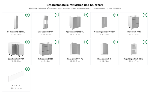 Velmora Winkelküche KÜ-AS-017 – 355 × 170 cm – Grau – Moderne Küche mit viel Stauraum – Maßbild (Set-Bestandteile mit Maßen und Stückzahl)