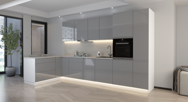 L-Küche Velmora Grau Hochglanz – 355 × 170 cm – KÜ-AS-017