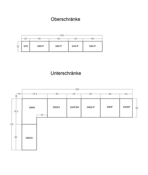 Küchenplan – Maßbild mit Bemaßung der Küchenzeile