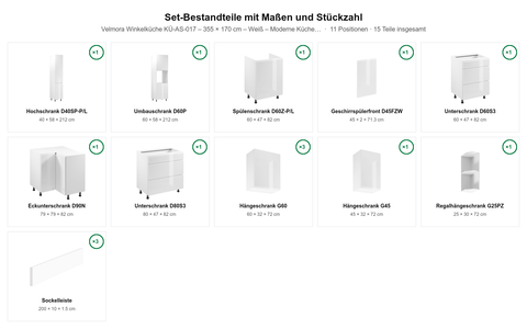 Velmora Winkelküche KÜ-AS-017 – 355 × 170 cm – Weiß – Moderne Küche mit viel Stauraum – Maßbild (Set-Bestandteile mit Maßen und Stückzahl)