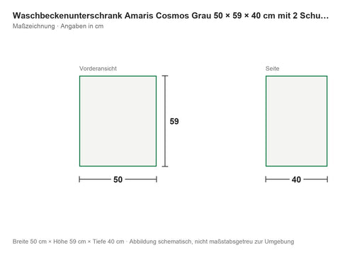 Waschbeckenunterschrank Amaris Cosmos Grau 50 × 59 × 40 cm mit 2 Schubladen – Maßzeichnung