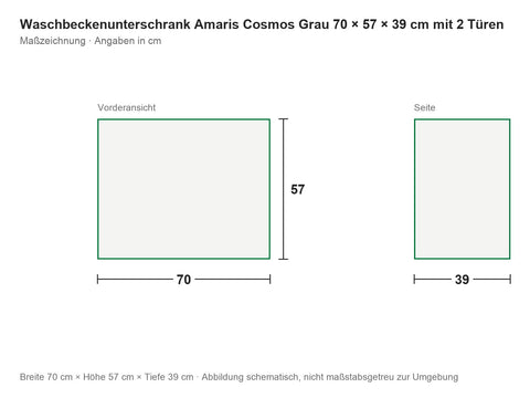 Waschbeckenunterschrank Amaris Cosmos Grau 70 × 57 × 39 cm mit 2 Türen – Maßzeichnung