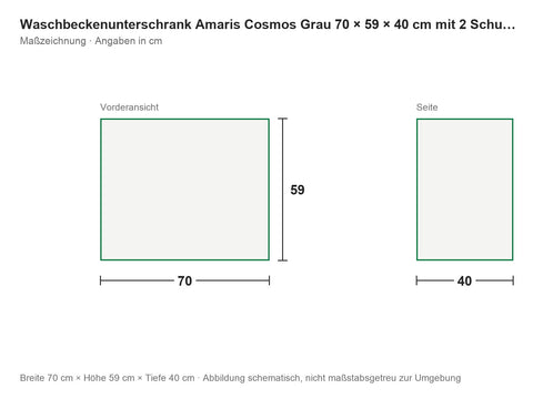 Waschbeckenunterschrank Amaris Cosmos Grau 70 × 59 × 40 cm mit 2 Schubladen – Maßzeichnung