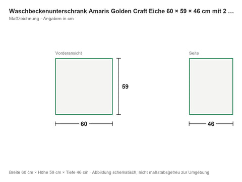 Waschbeckenunterschrank Amaris Golden Craft Eiche 60 × 59 × 46 cm mit 2 Schubladen – Maßzeichnung