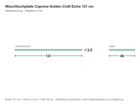 Waschtischplatte Caprena Golden Craft Eiche 121 cm – Maßzeichnung