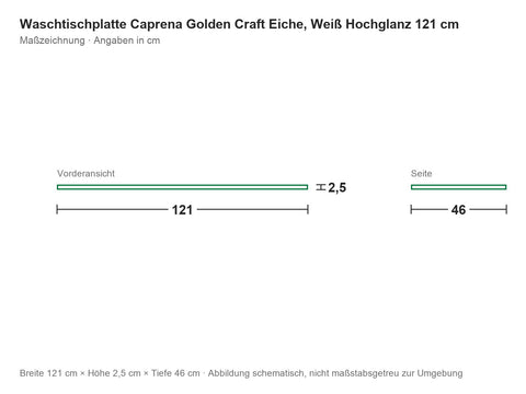 Waschtischplatte Caprena Golden Craft Eiche, Weiß Hochglanz 121 cm – Maßzeichnung