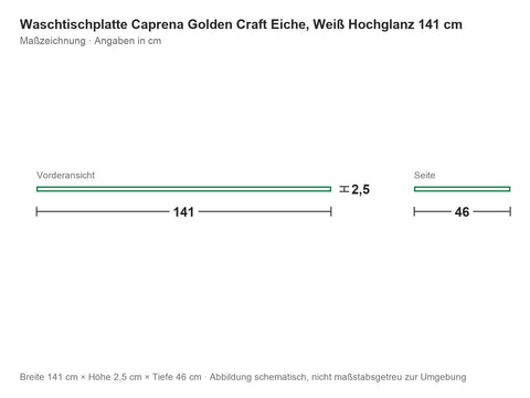 Waschtischplatte Caprena Golden Craft Eiche, Weiß Hochglanz 141 cm – Maßzeichnung