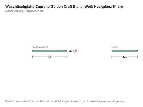 Waschtischplatte Caprena Golden Craft Eiche, Weiß Hochglanz 61 cm – Maßzeichnung