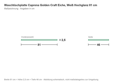 Waschtischplatte Caprena Golden Craft Eiche, Weiß Hochglanz 81 cm – Maßzeichnung