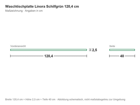 Waschtischplatte Linora Schilfgrün 120,4 cm – Maßzeichnung