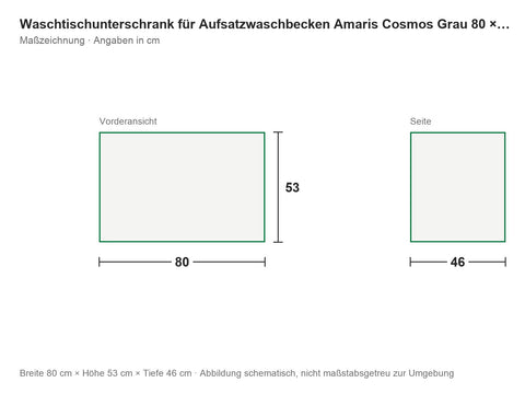 Waschtischunterschrank für Aufsatzwaschbecken Amaris Cosmos Grau 80 × 53 × 46 cm mit 2 Schubladen – Maßzeichnung