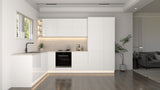 Velmora Winkelküche 300 × 185 cm KÜ04 – Moderne L-Küche ohne Arbeitsplatte – MDF Fronten – Weiß Hochglanz