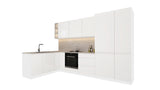 Velmora Winkelküche 300 × 185 cm KÜ04 – Moderne L-Küche ohne Arbeitsplatte – MDF Fronten – Weiß Hochglanz