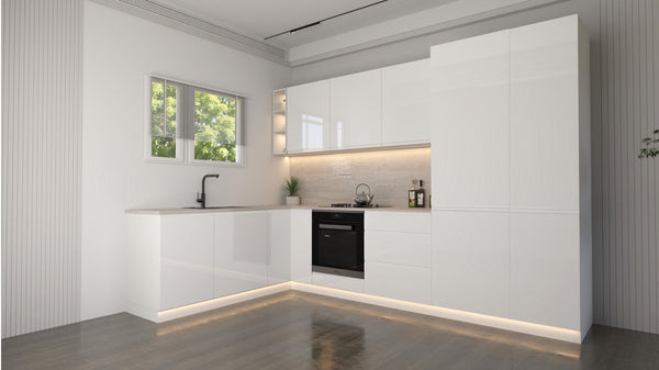 Velmora Winkelküche 300 × 185 cm KÜ04 – Moderne L-Küche ohne Arbeitsplatte – MDF Fronten – Weiß Hochglanz