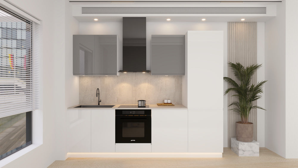Küchenblock Velmora KÜ07 – 260 cm – Weiß & Grau Hochglanz – Moderne Küchenzeile ohne Arbeitsplatte